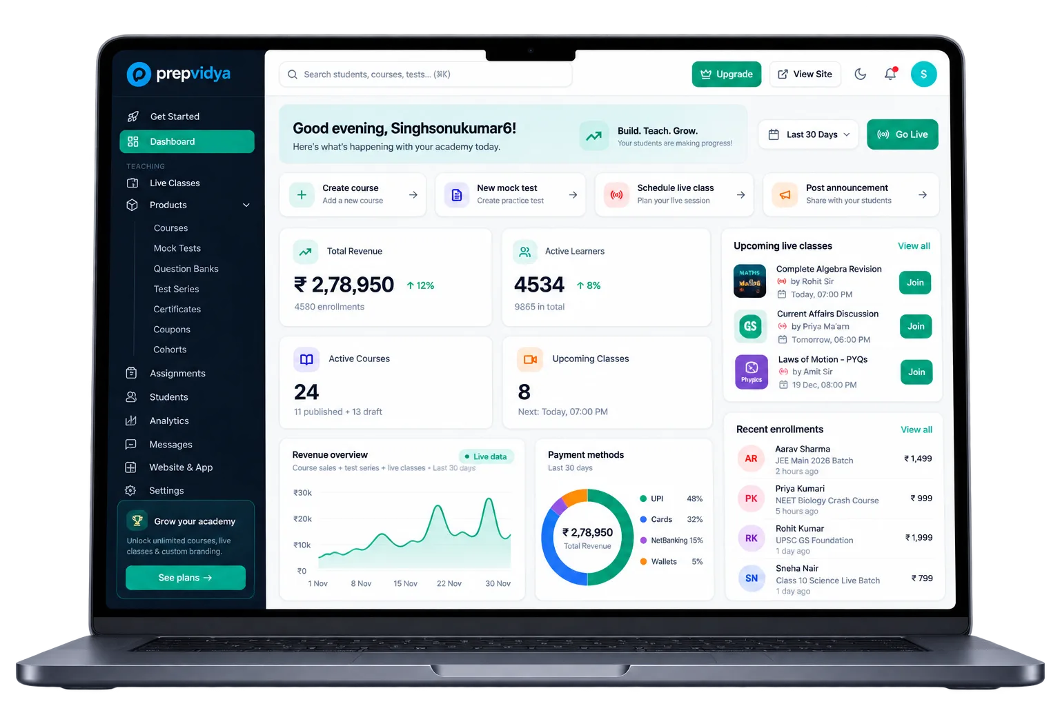 PrepVidya academy dashboard — revenue, learners, live classes and payments in one place